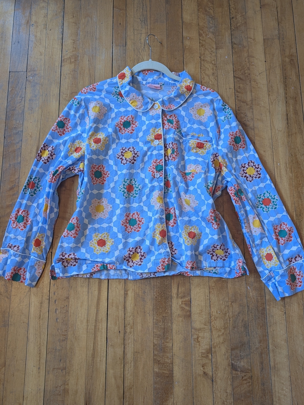 ban.do Leisure Long Sleeve Cotton Shirt Honeycomb Patchwork Blue XL Quilt - Picture 2 of 5